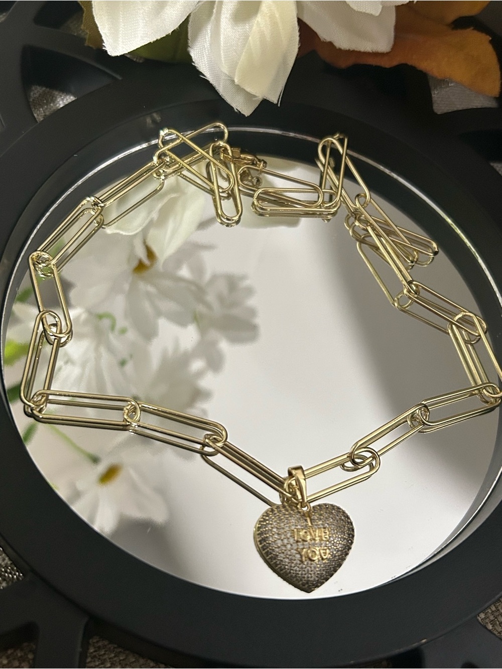 Gold Heart Pendant Chunky Link Bracelet - Love You